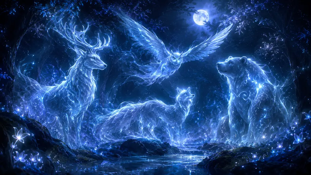 Different Patronus animals shown as glowing magical guardians