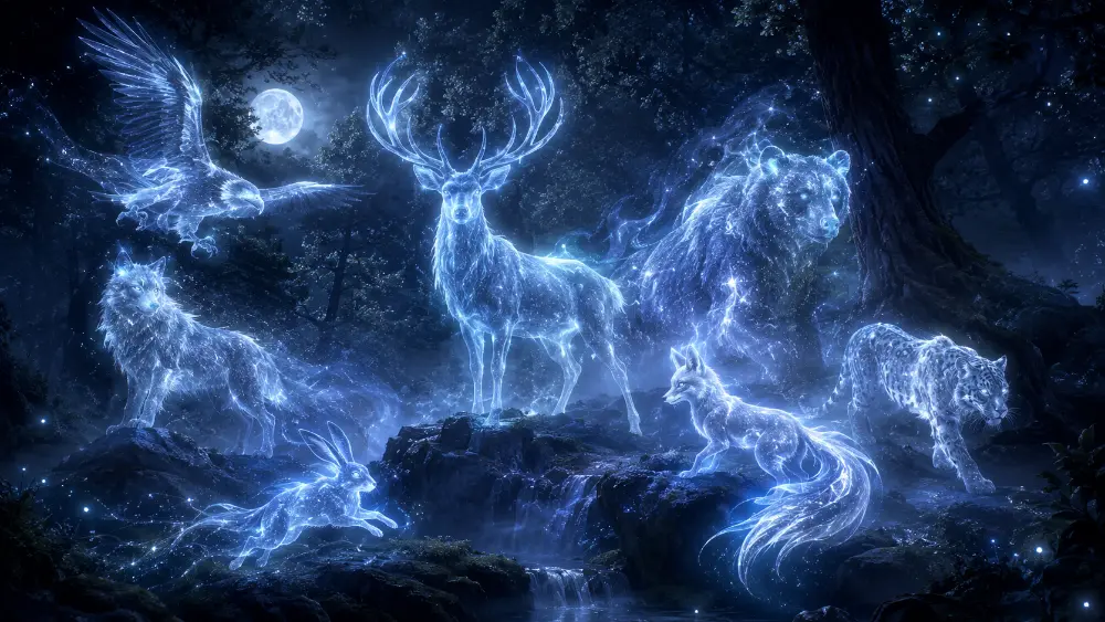 Magical Patronus guardians in a moonlit forest