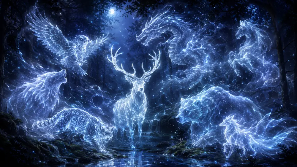 Rare Patronus-like magical guardian animals glowing in a moonlit enchanted forest