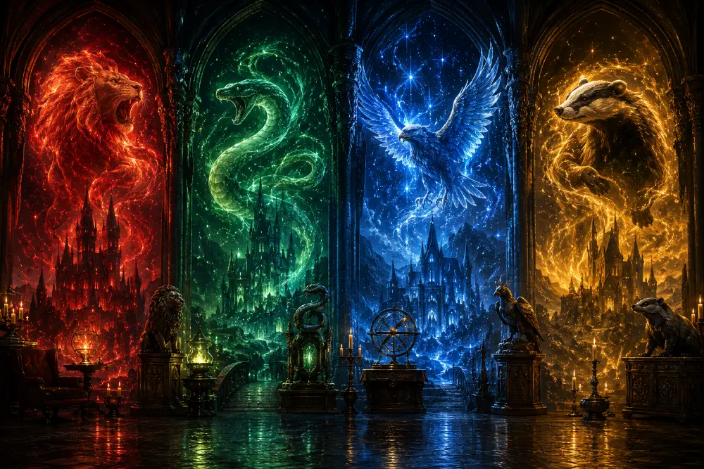 Magical scene representing the four Hogwarts houses in an enchanted castle hall